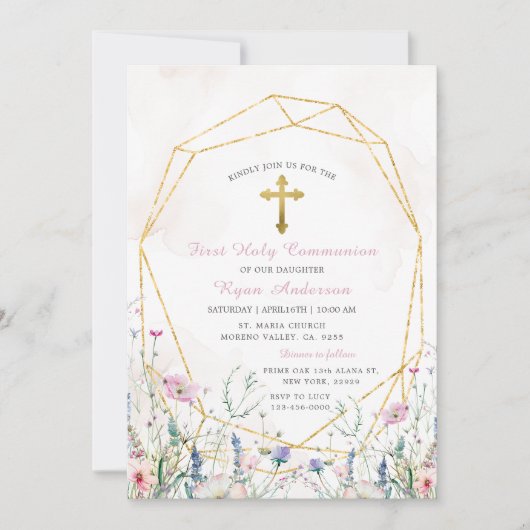 Invitation Première sainte communion du Fleur sauvage géométr (Devant)