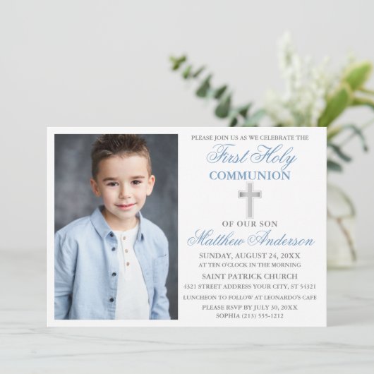 Invitation Première Sainte Communion Dusty Bleu Argent rayé (Debout devant)