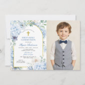 Invitation Première Sainte Communion Dusty Blue Floral Photo (Devant)