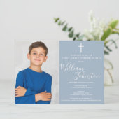 Invitation Première Sainte Communion Dusty Blue Script Photo (Debout devant)