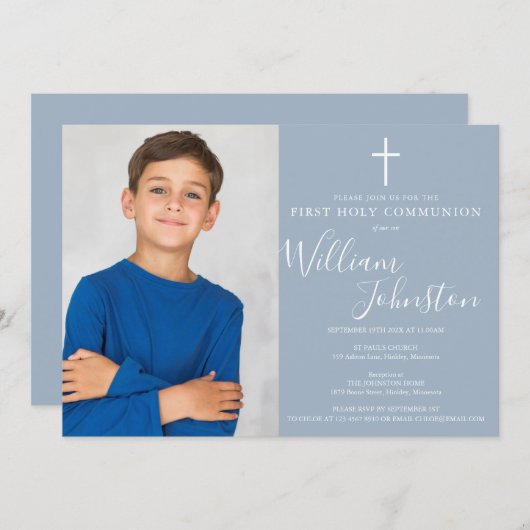 Invitation Première Sainte Communion Dusty Blue Script Photo (Devant / Derrière)