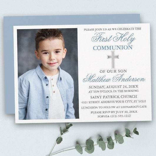 Invitation Première Sainte Communion Dusty Blue Silver Photo
