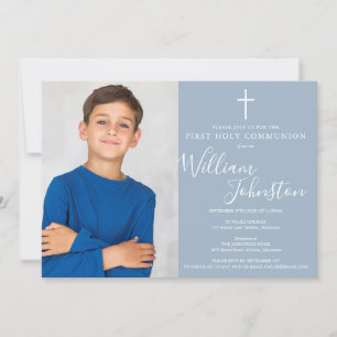 Invitation Première Sainte Communion Écriture Bleu Poussiéreu