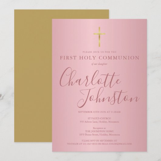 Invitation Première Sainte Communion Écriture Moderne Rose Go (Devant / Derrière)