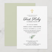 Invitation Première Sainte Communion élégante avec croix doré (Devant / Derrière)