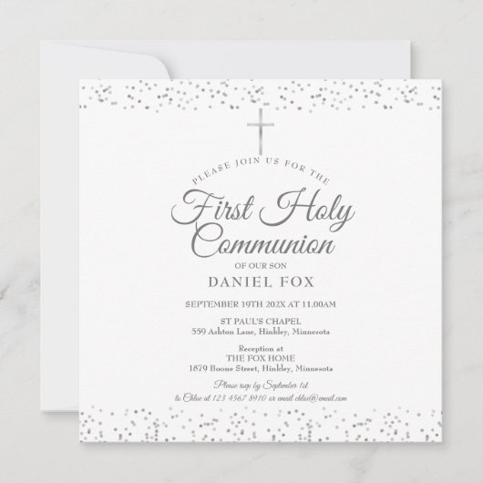 Invitation Première Sainte Communion Élégante Fécule d'argent (Devant)