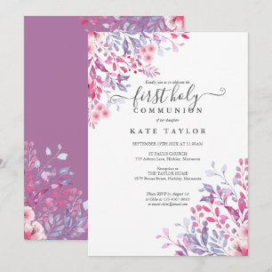 Invitation Première Sainte Communion Élégante Florale 