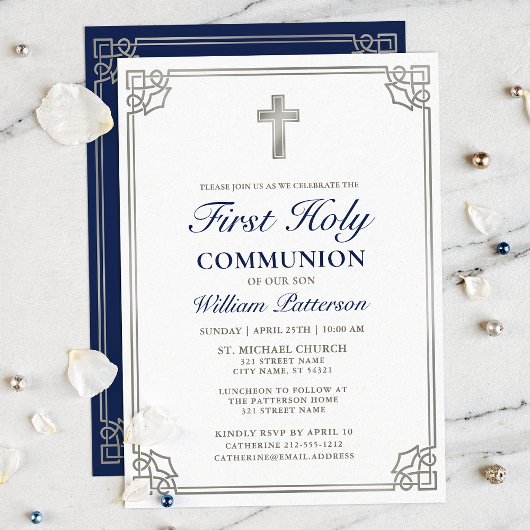 Invitation Première Sainte Communion Élégante Frame d'Argent