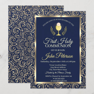 Invitation Première Sainte Communion élégante mandala or bleu