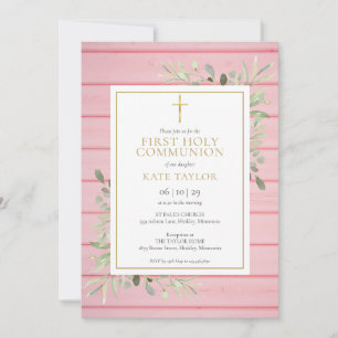Invitation Première Sainte Communion en Bois Rustique Rose et