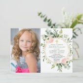 Invitation Première Sainte Communion eucalyptus vert rose (Debout devant)