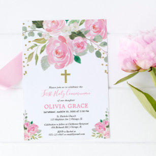 Invitation Première Sainte Communion fille aquarelles florale