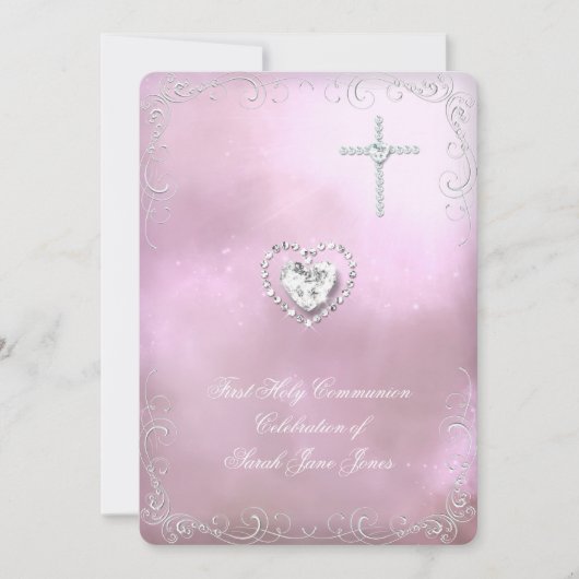 Invitation Première Sainte Communion Fille Argent Rose Célest (Devant)