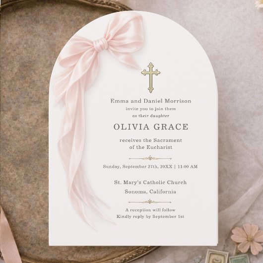 Invitation Première Sainte Communion Fille au Nœud Rose
