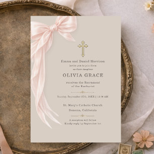 Invitation Première Sainte Communion Fille au Ruban Taupe