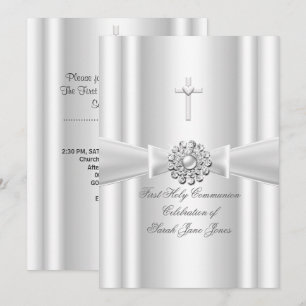 Invitation Première Sainte Communion Fille Blanc Argent