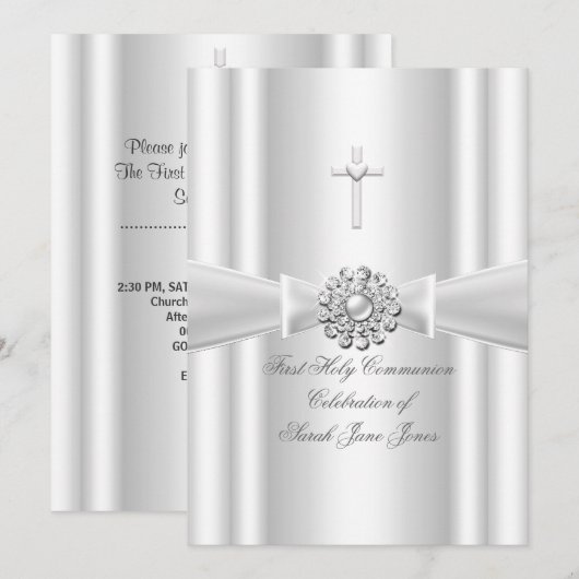 Invitation Première Sainte Communion Fille Blanc Argent (Devant / Derrière)
