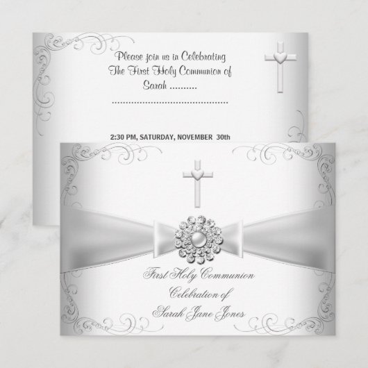 Invitation Première Sainte Communion Fille Blanc Argent (Devant / Derrière)