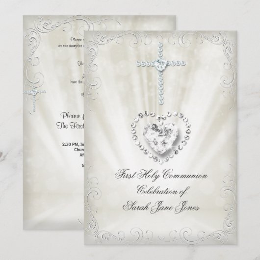 Invitation Première Sainte Communion Fille Blanc Beige Célest (Devant / Derrière)
