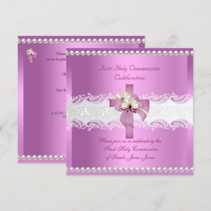 Invitation Première Sainte Communion Fille Blanc Dentelle Ros