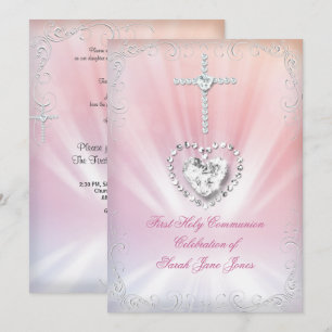 Invitation Première Sainte Communion Fille Blanc Rose Céleste