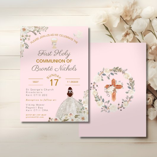 Invitation Première Sainte Communion Fille Blush Chalice rose