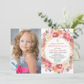 Invitation Première Sainte Communion fille couleur rose flora (Debout devant)
