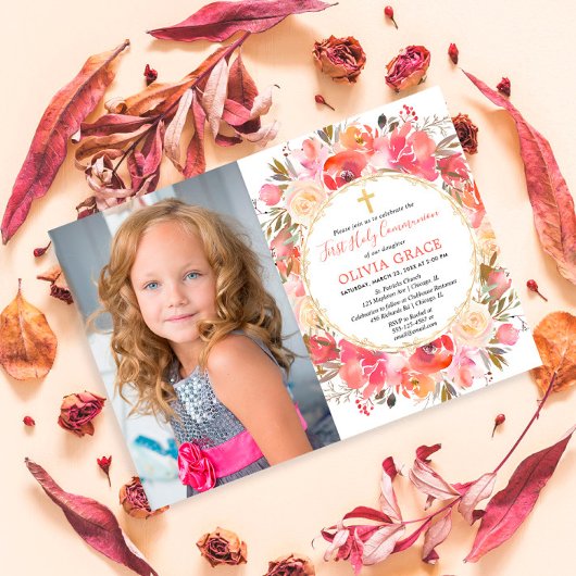 Invitation Première Sainte Communion fille couleur rose flora