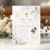 Invitation Première Sainte Communion Fille Croix Dorée Fleuri