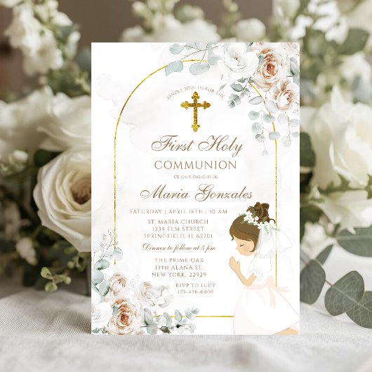 Invitation Première Sainte Communion Fille Croix Dorée Fleuri