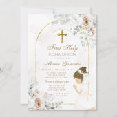 Invitation Première Sainte Communion Fille Croix Dorée Fleuri (Devant)