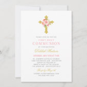 Invitation Première Sainte Communion Fille Croix Dorée Fleurs (Devant)