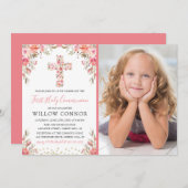 Invitation Première Sainte Communion Fille Croix Florale Phot (Devant / Derrière)