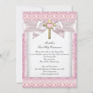 Invitation Première Sainte Communion Fille Croix Rose Dentell