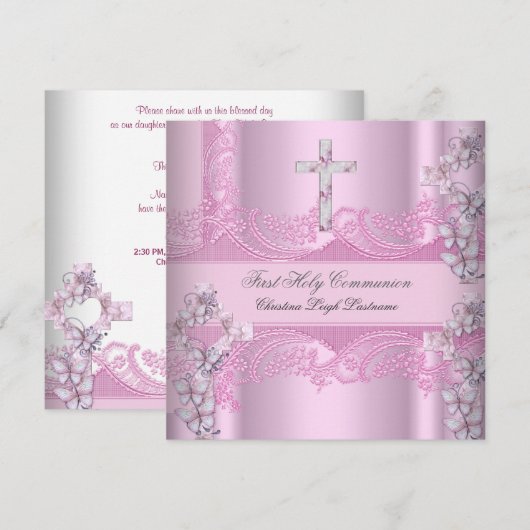 Invitation Première Sainte Communion Fille Dentelle Rose (Devant / Derrière)