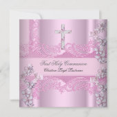 Invitation Première Sainte Communion Fille Dentelle Rose (Devant)