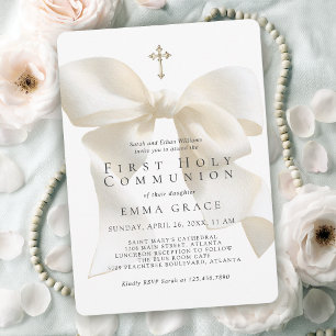 Invitation Première Sainte Communion Fille Élégant Nœud Ivoir