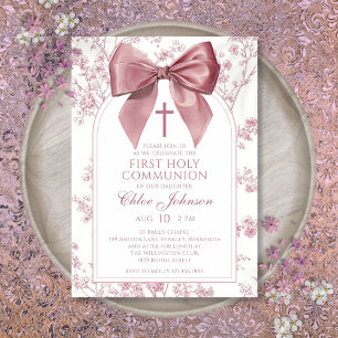 Invitation Première Sainte Communion Fille Fleur Rose Vintage
