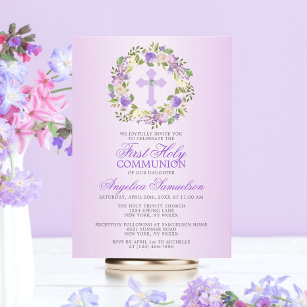 Invitation Première Sainte Communion Fille Florale Purple Lav