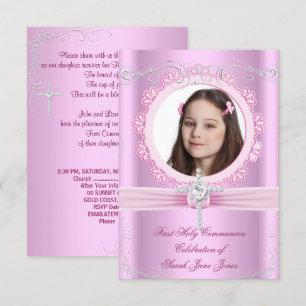 Invitation Première Sainte Communion Fille Jolie Photo Rose