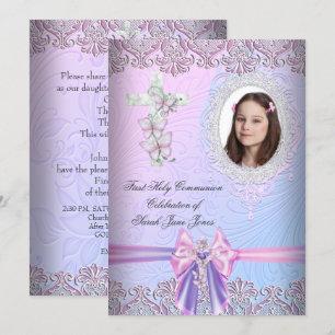 Invitation Première Sainte Communion Fille Jolie Photo Rose