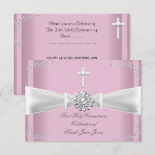 Invitation Première Sainte Communion fille rose Blanc Argent