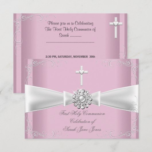 Invitation Première Sainte Communion fille rose Blanc Argent (Devant / Derrière)