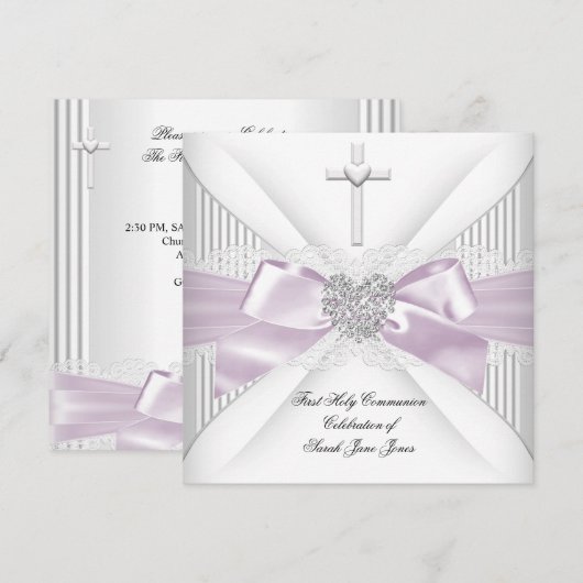 Invitation Première Sainte Communion Fille Rose Blanc Gris Cœ (Devant / Derrière)