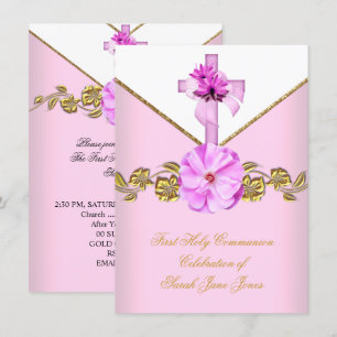 Invitation Première Sainte Communion Fille Rose Fleur Blanche