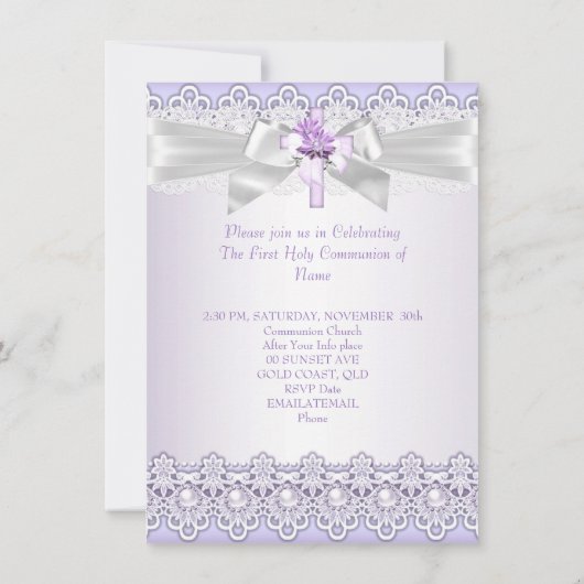 Invitation Première Sainte Communion Filles Croix Lavande pou (Dos)