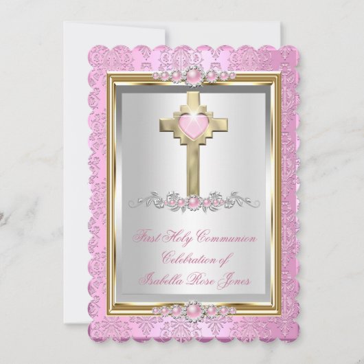 Invitation Première Sainte Communion Filles Pink Pearl Damask (Devant)