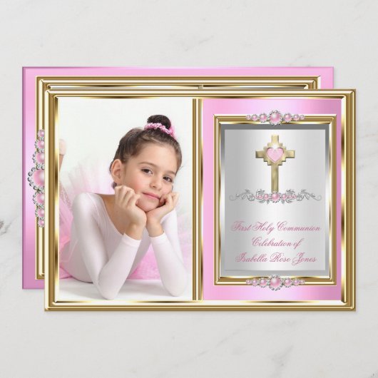 Invitation Première Sainte Communion Filles Pink Pearl Photo (Devant / Derrière)
