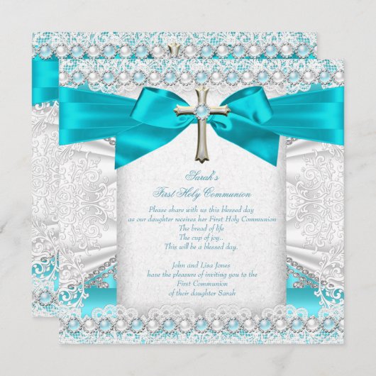Invitation Première Sainte Communion Filles Turquoise Blue Pe (Devant / Derrière)