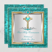 Invitation Première Sainte Communion Filles Turquoise Jade Pe (Devant / Derrière)